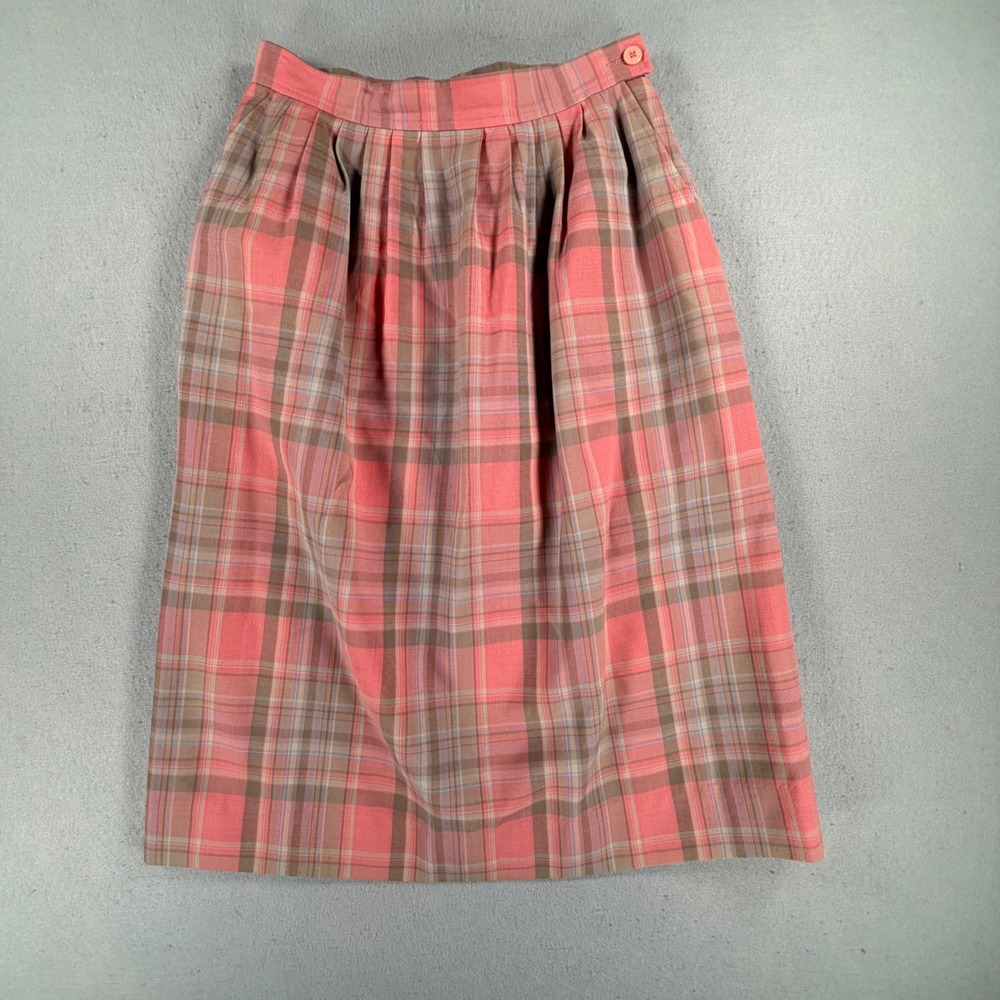 Pendleton Women's Petite 10 Vintage Pink Plaid Wool Pleated Midi Skirt Made USA